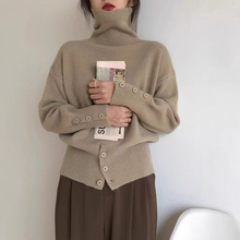 纯色套头高领毛衣女秋冬设计感高腰纽扣上衣复古慵懒风韩系针织衫