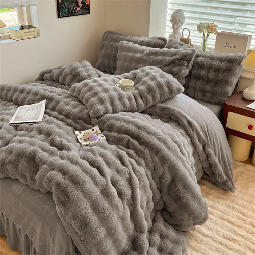 Winter Fleece Thickened Otter Fur Bedding Set Princess Style Double Sided Plush Coral Milk Fur Sheet and Duvet Cover