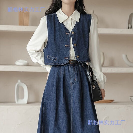 Spring New Style Daily Commuting College Style Retro Denim Vest Shirt Half Skirt Three-Piece Suit Dress