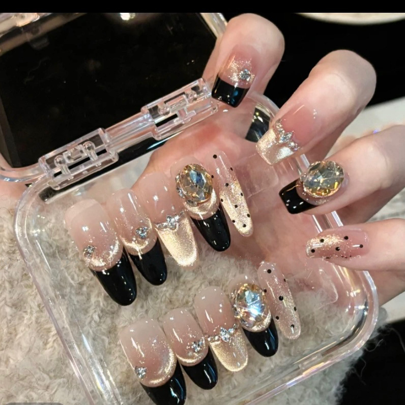 [Jenny] Nude Black French Champagne Flash Cat's Eye Wave Dot Advanced Sense Pure Hand Wear Armor 10 Pieces