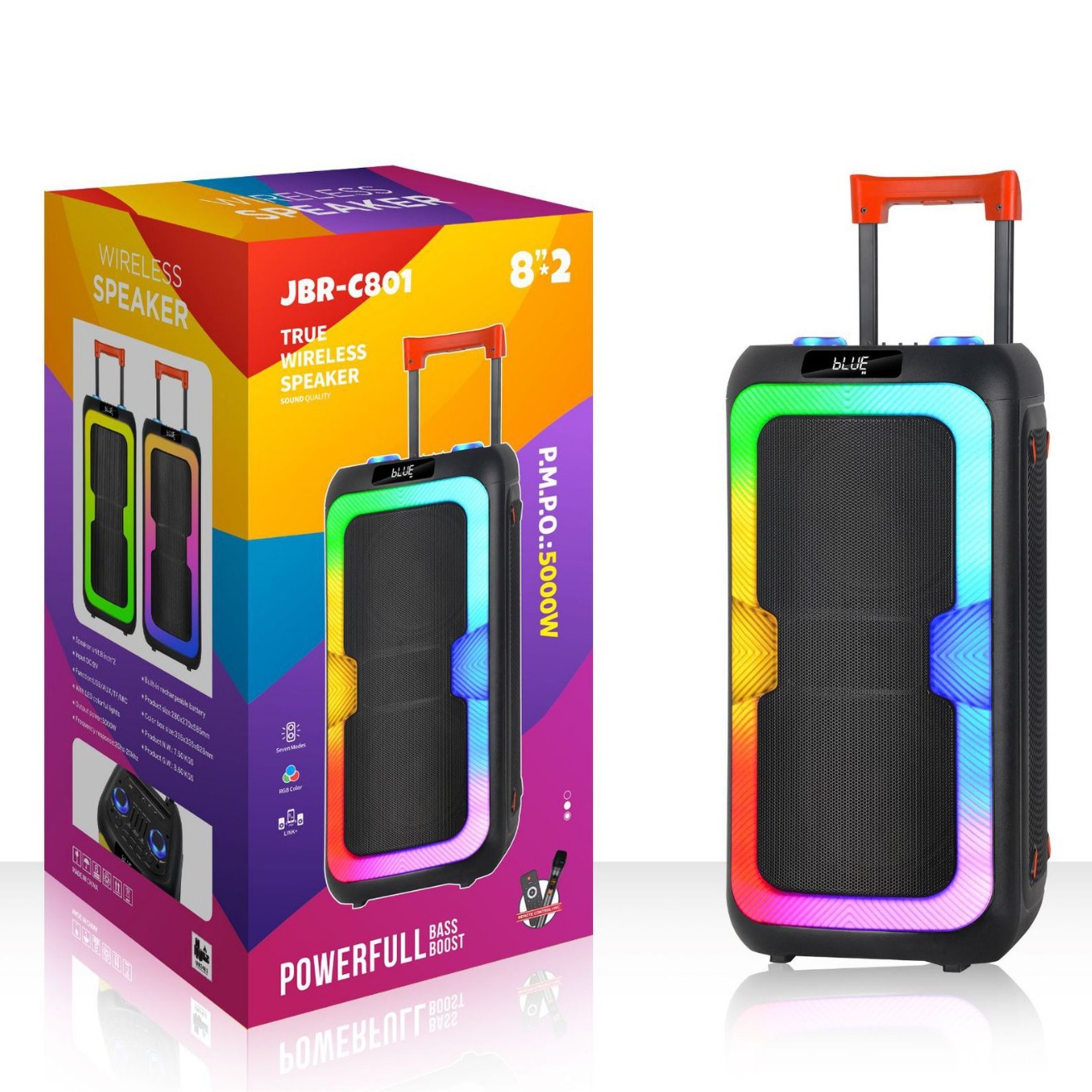 Subwoofer pesado colorido barra de tracción de sonido al aire libre doble 8 pulgadas alto volumen 2 micrófonos móviles inalámbricos Bluetooth