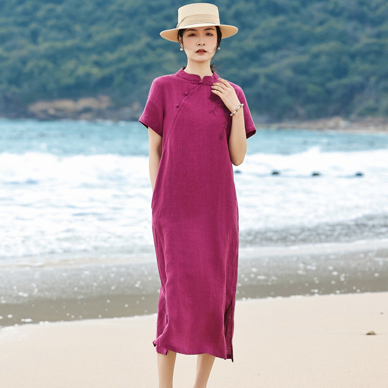 2026 New Original Women's Clothing Retro Linen Three-Dimensional Embroidery Long Dress for Women High-Quality Short-Sleeved Tea Dress