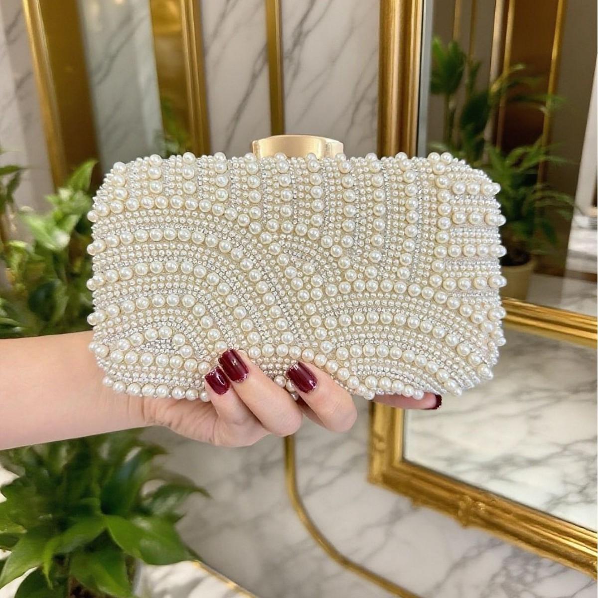 跨境轻奢珍珠晚宴包软面锁扣女款单肩斜挎包链条小方包手拿晚装包