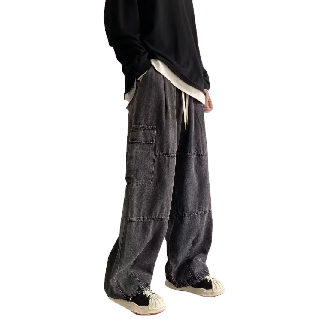 Pantalones vaqueros de cintura alta jóvenes populares perezosos de moda lavados elegantes pantalones de pierna recta de moda sueltos rectos de los hombres de primavera