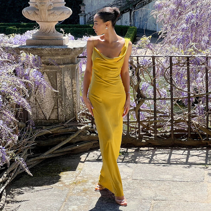 Yj25237 Suspender Pocket Collar Sexy Backless Satin Dress Long Skirt Ins European and American Elegant Evening Dress