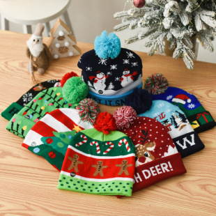 Christmas decorations flanging ball knitted Christmas hat LED lamp cap high-grade adult children luminous knitted hat