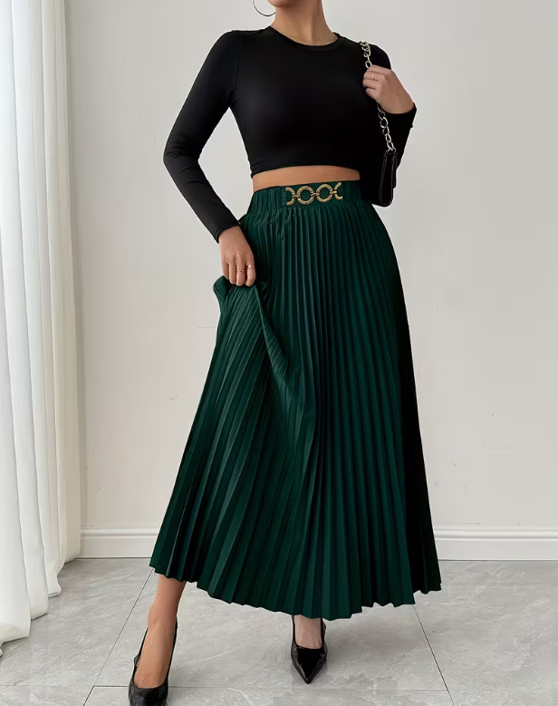 Vêtements pour femmes - Nouvelle jupe midi plissée polyvalente - Taille haute - Coupe trapèze_voghion.com