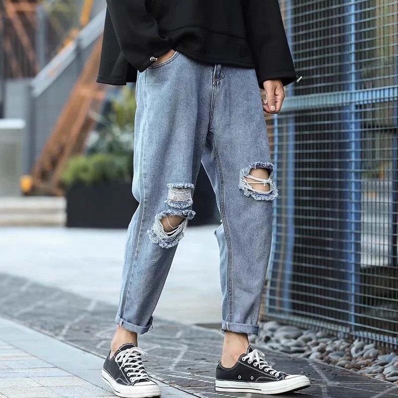 Spring and Summer Hong Kong Style Distressed Ripped Jeans for Men Korean Version Trendy Loose Harem Pants Trendy Versatile Casual Pants