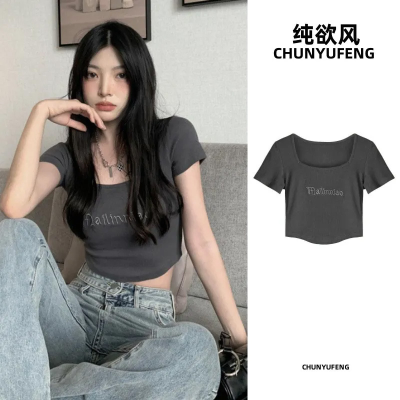 Sudeste de Asia al por mayor de manga corta Camiseta de las mujeres de verano cuello cuadrado camisa de fondo chica caliente SLIM-Fit corto ombligo elegante superior de las mujeres