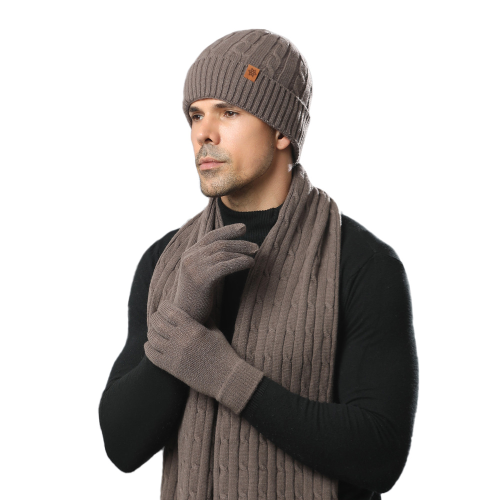 Gorro de punto personalizado para hombre en invierno, forrado de lana y engrosado para proteger del frío, gorro de lana para ciclismo, conjunto de tres piezas de gorro, bufanda y guantes.