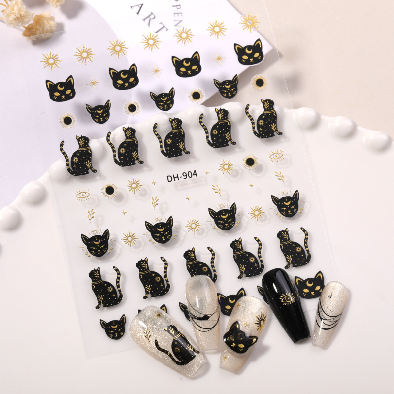 Gold Foil Egyptian Cat Nail Stickers Flat Adhesive Cute Kitten DIY Nail Stickers Decorations Dh904
