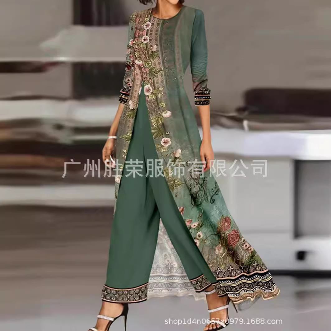 2025 New Spot Cross-Border Women's Clothing Amazon High-Open Round Neck Long-Sleeved Dress Pure Color Pants Fashion Suit