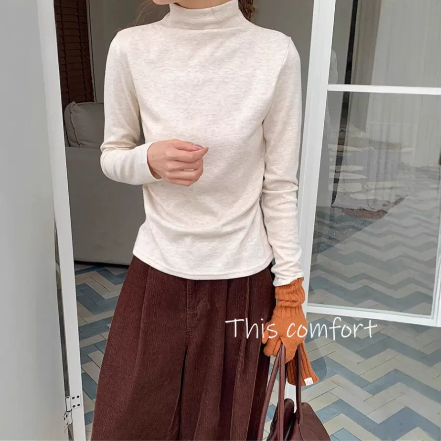 褶皱半高领打底衫女秋冬季保暖长袖t恤修身显瘦纯色百搭中领上衣