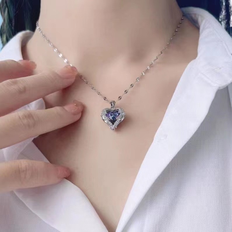 欧美跨境海洋之心炫丽紫光爱心彩色水金吊坠项链女高级感锁骨配饰|undefined