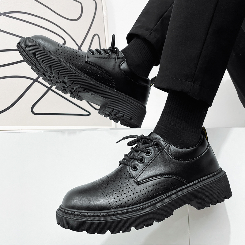 Zapatos de cuero con cordones de suela gruesa de corte bajo casual para hombre de primavera 2025 zapatos de cuero transpirables perforados de cuero de todo fósforo negro zapatos de hombre