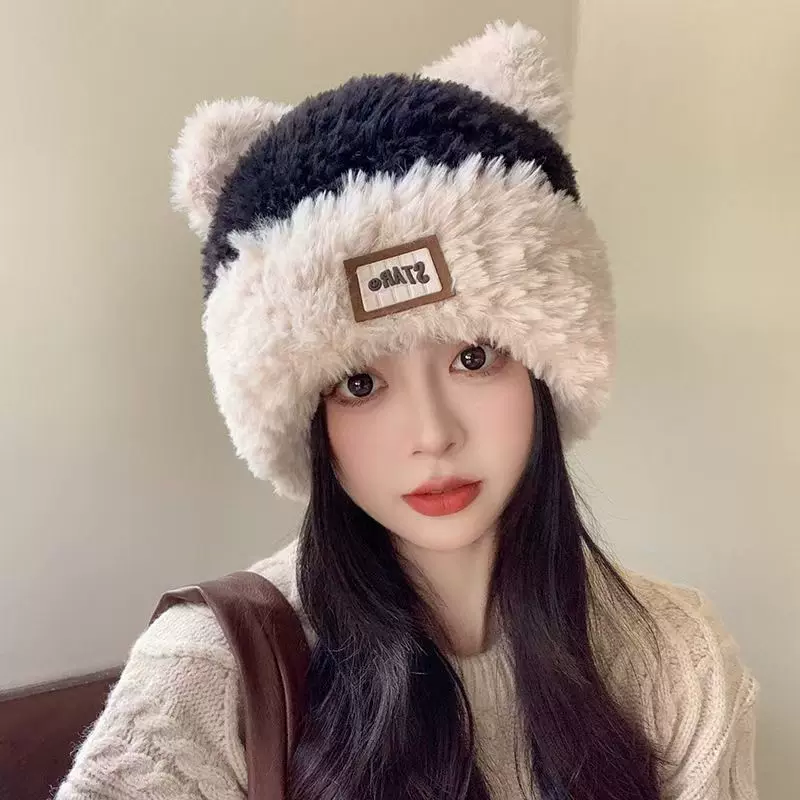 可爱小熊耳朵毛绒帽女冬季保暖大头围针织帽毛线帽百搭护耳显脸小