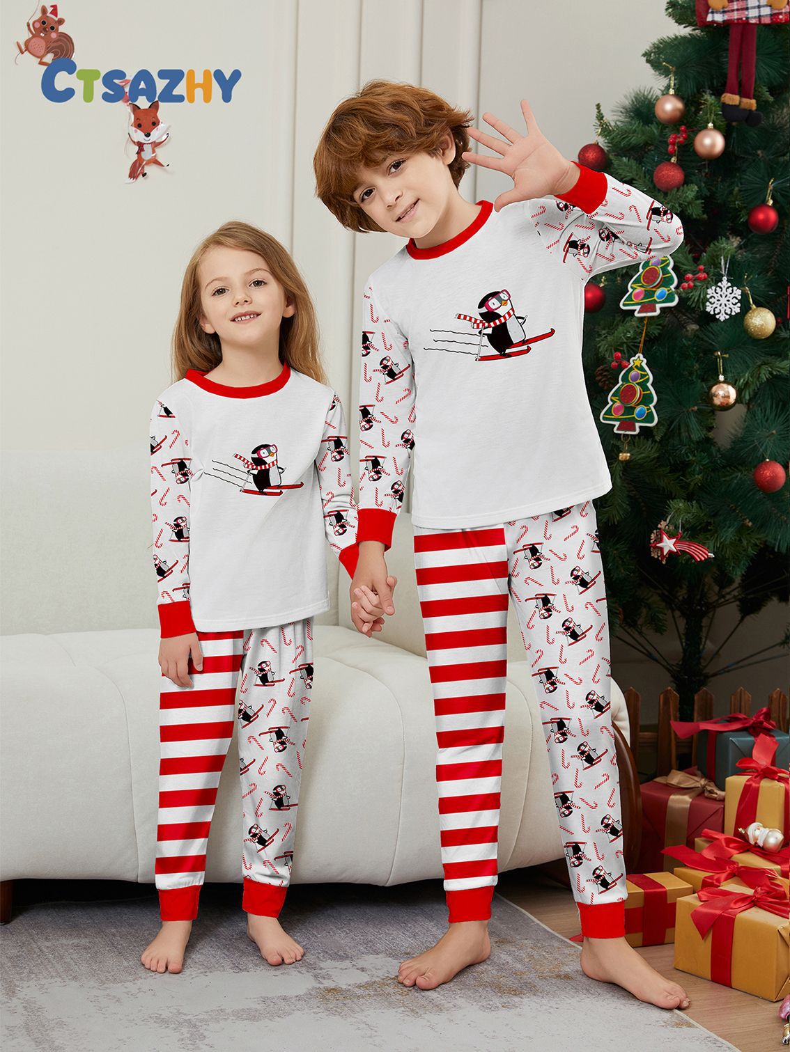 Kerst Pinguïn Candy Cane gestreepte Kerst Familie pak bedrukte homewear pyjama_voghion.com
