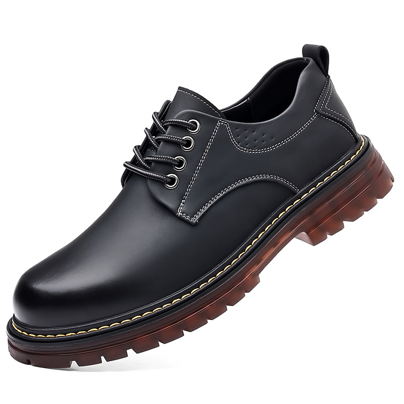 Beef Tendon Leather Spring Autumn British Thick Sole Casual Derby Shoes Men's Formal Wedding Black Low-top Martin Boots_voghion.com
