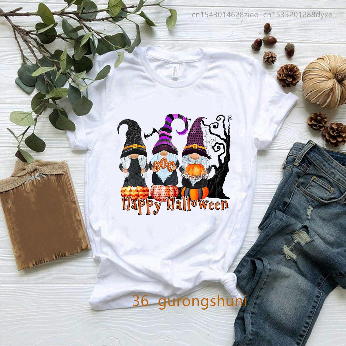 2023New Happy Halloween T Shirt Love Gnome T-Shirt Boo Pump