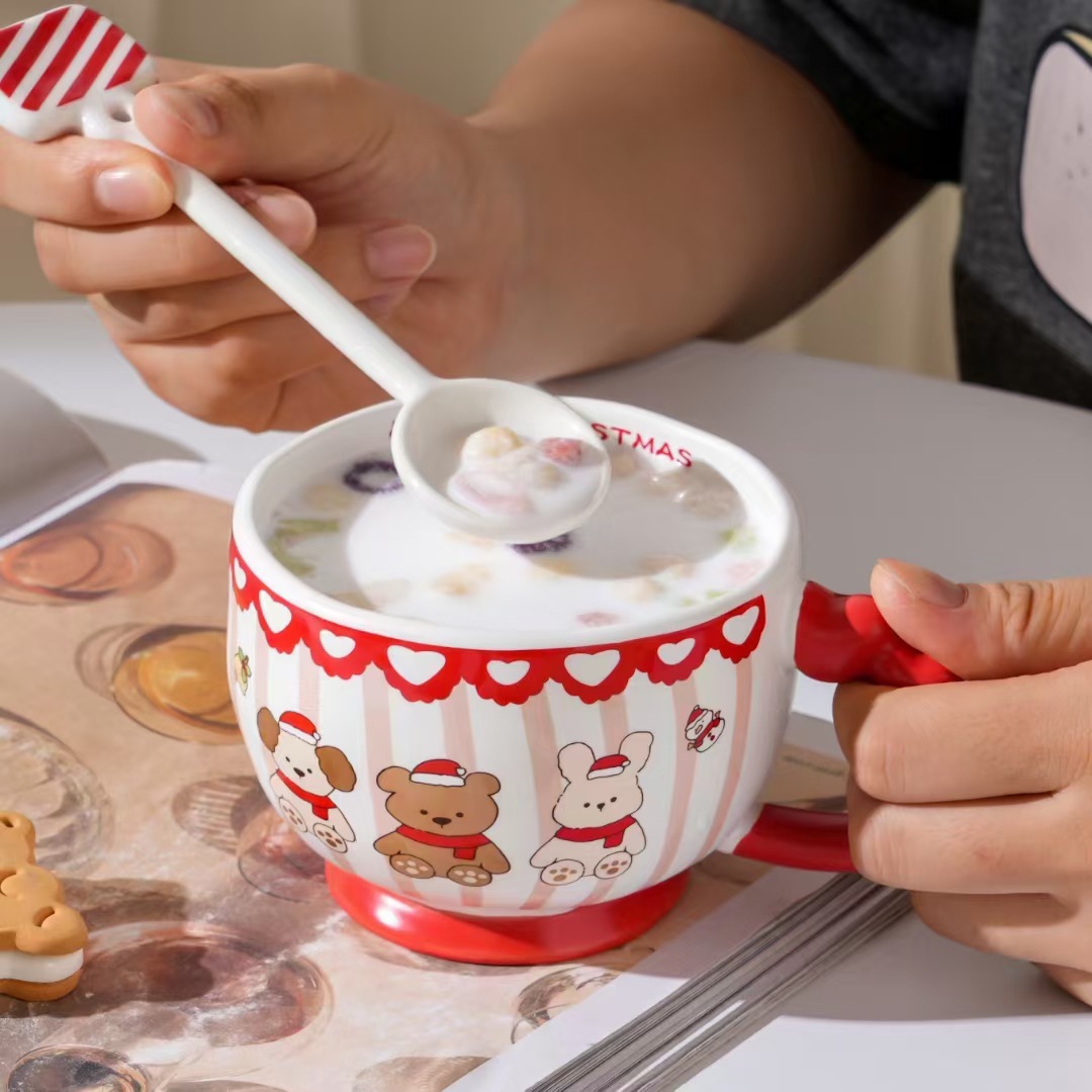 Taza para Desayuno de Oso Navideño de Porcelana con Cuchara para Desayuno y Avena image 4