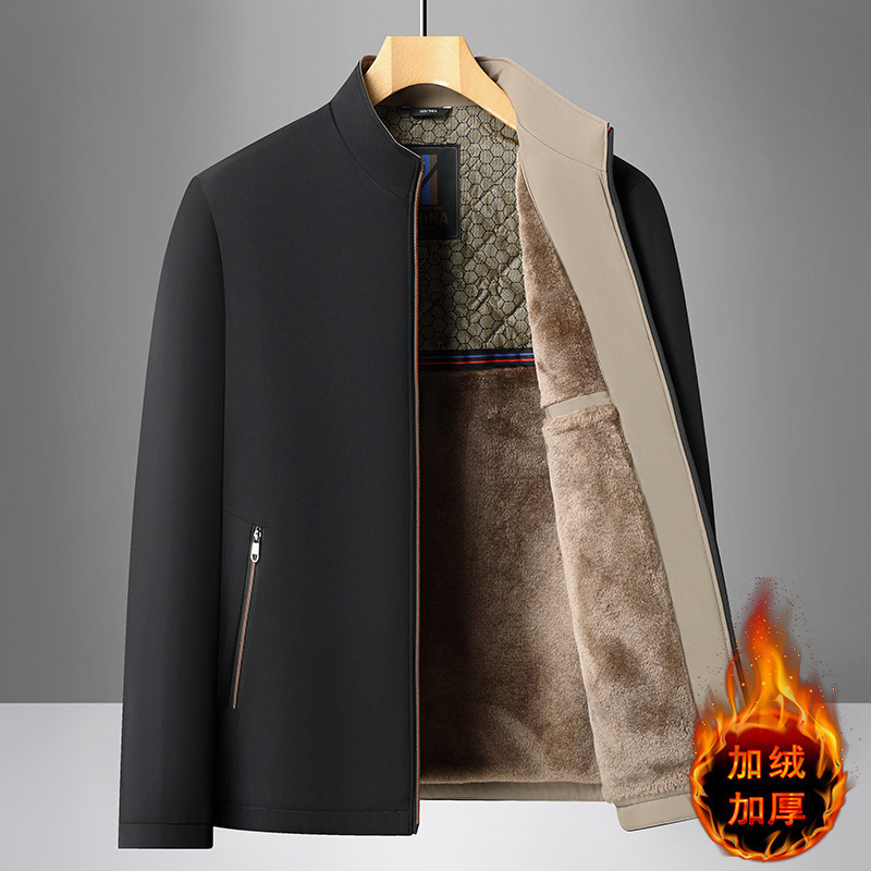 Factory New Men's Jacket with Fleece, Men's Jacket for Autumn and Winter, Middle-Aged and Elderly Executive Stand Collar Jacket, Men's Cotton Coat
