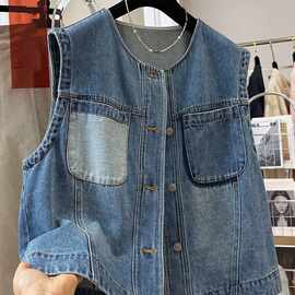 设计感复古感休闲牛仔马甲女外穿秋秋时髦洋气背心外套
