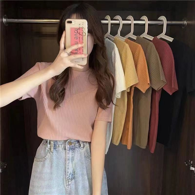 Summer short sleeve pit solid color T-shirt women's elegant style slim-fit temperament base round neck basic color Net red knitted T-shirt Summer short sleeve pit solid color T-shirt women's elegant style slim-fit temperament base round neck basic color Net red knitted T-shirt