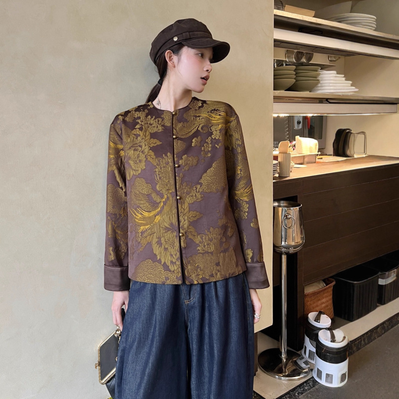 南油批发上新2025早秋新中式人丝提花外套复古盘扣圆领上衣不退换|undefined