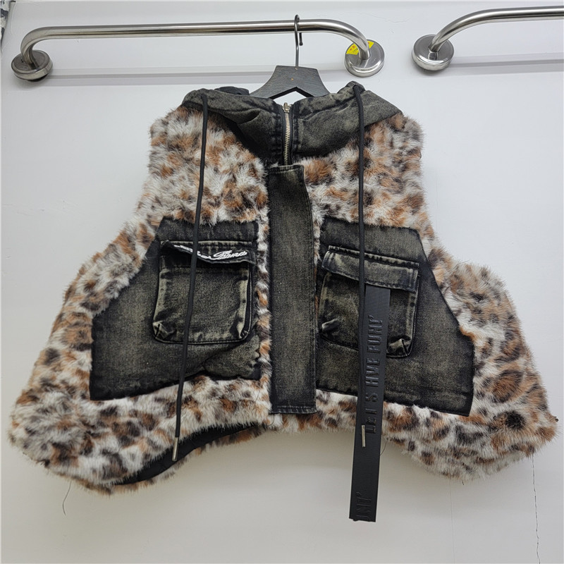 2025 otoño y invierno nueva ropa de mujer estampada de leopardo piel de empalme de bolsillo chaleco corto chaqueta de mujer blusa suelta image 4