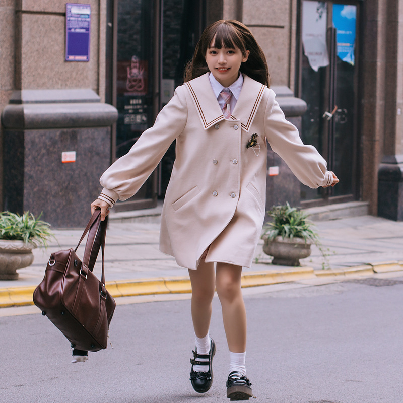 Abrigo de Lana Estilo Colegial de Lana, Manga Larga, Largo