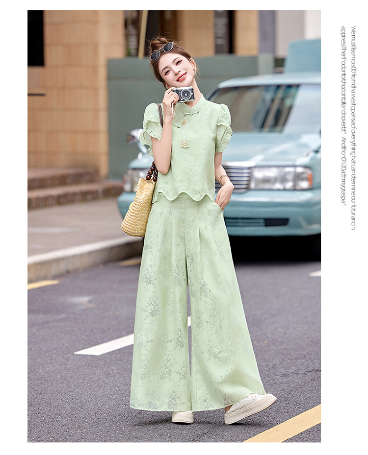 Bộ váy hai mảnh tay ngắn phong cách Trung Hoa cổ điển họa tiết jacquard mùa hè 2025 — Màu vàng be, Màu xanh lá chi tiết 27
