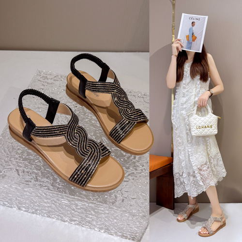 European and American size 42 wedge sandals for women, 2025 summer, round head, water drill one-piece strap sandals for women, thick sole sandals
