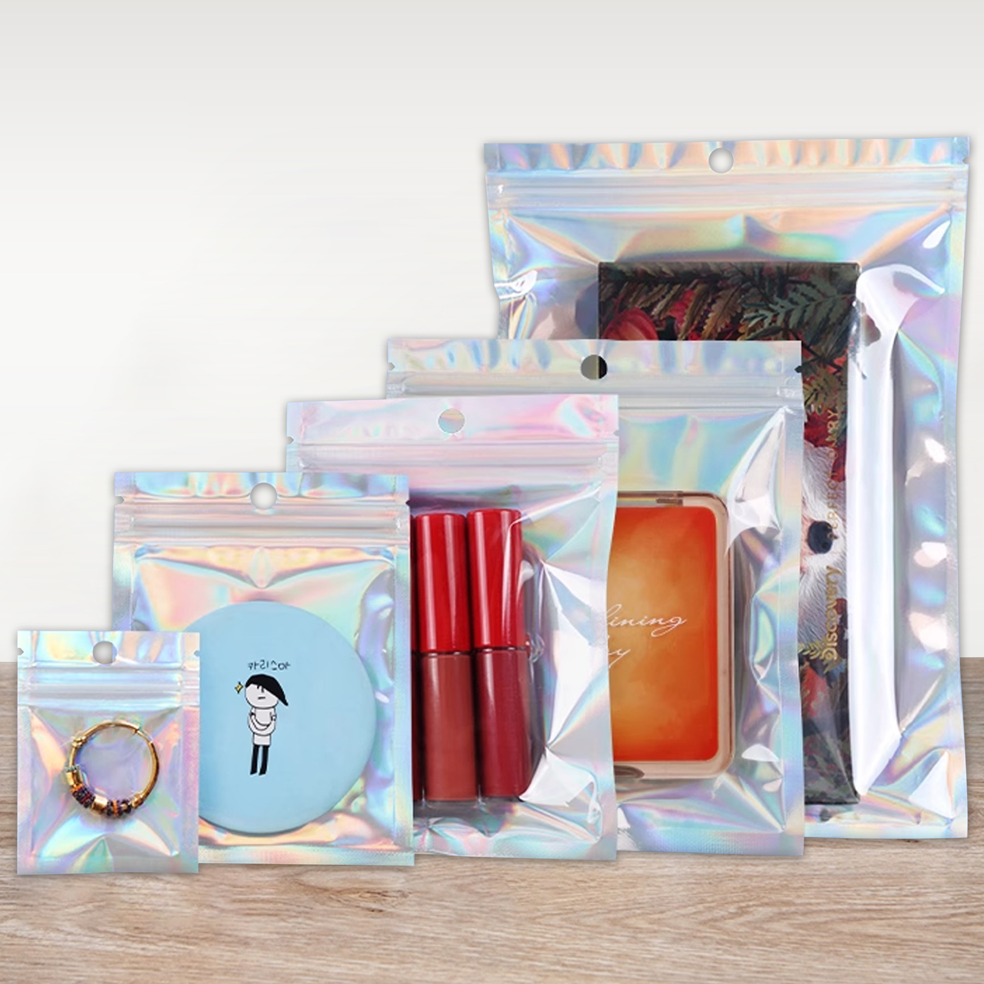 彩虹镭射膜自封袋手机壳数据线饰品阴阳三边封袋Holographic bags