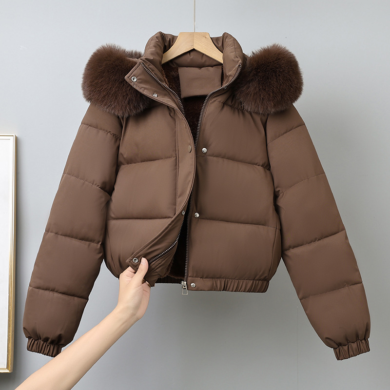 2025 otoño y invierno nuevo estilo americano pequeño corto gran cuello de cabello y camello grueso chaqueta de algodón de invierno de mujer chaqueta de algodón image 7
