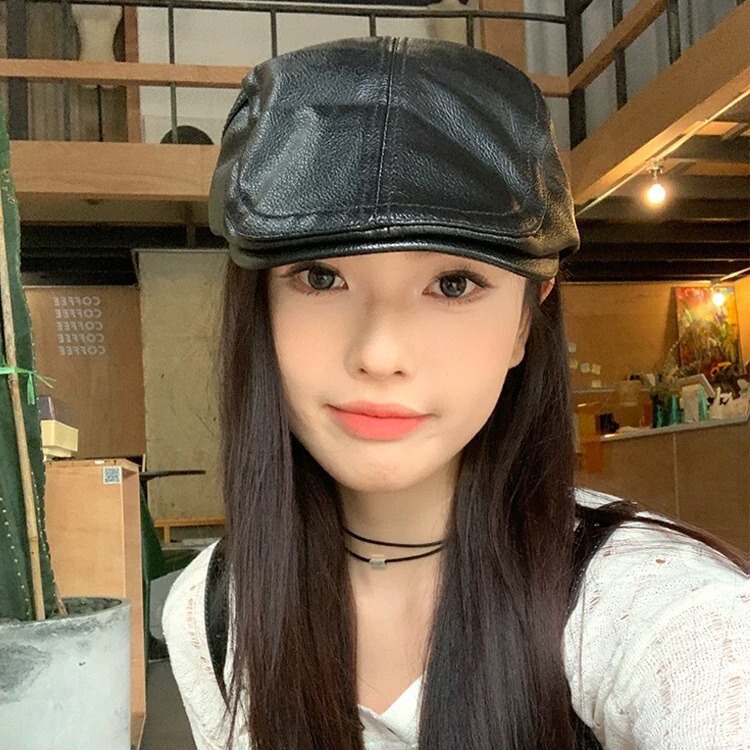 港风复古好品质pu皮质前进帽女秋冬大头围显脸小鸭嘴帽英伦老爹帽|undefined