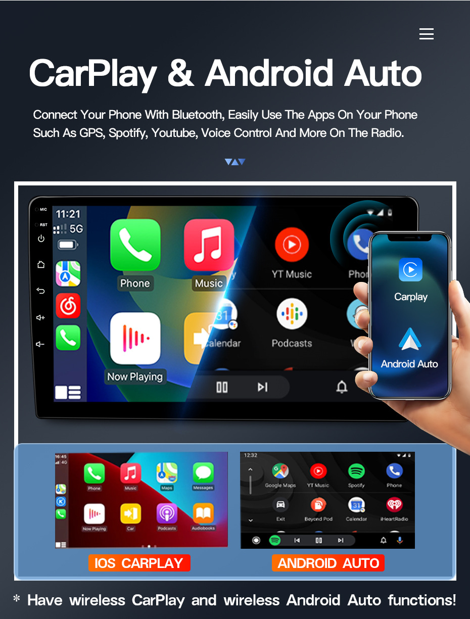 Wireless Carplay Android Auto Car Navigation Large Screen 7/9/ 10inch Central Control Reversing Image Frame Host Unit