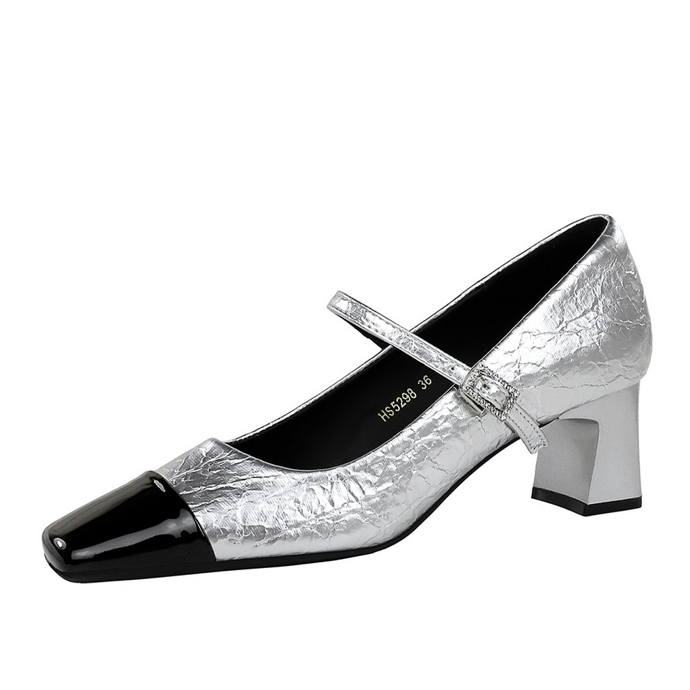 5298 Retro Mary Jane Light Luxury Women's Shoes Water Diamond One Word Belt Square Head Thick Heel Middle Heel Leather Splicing Single Shoe