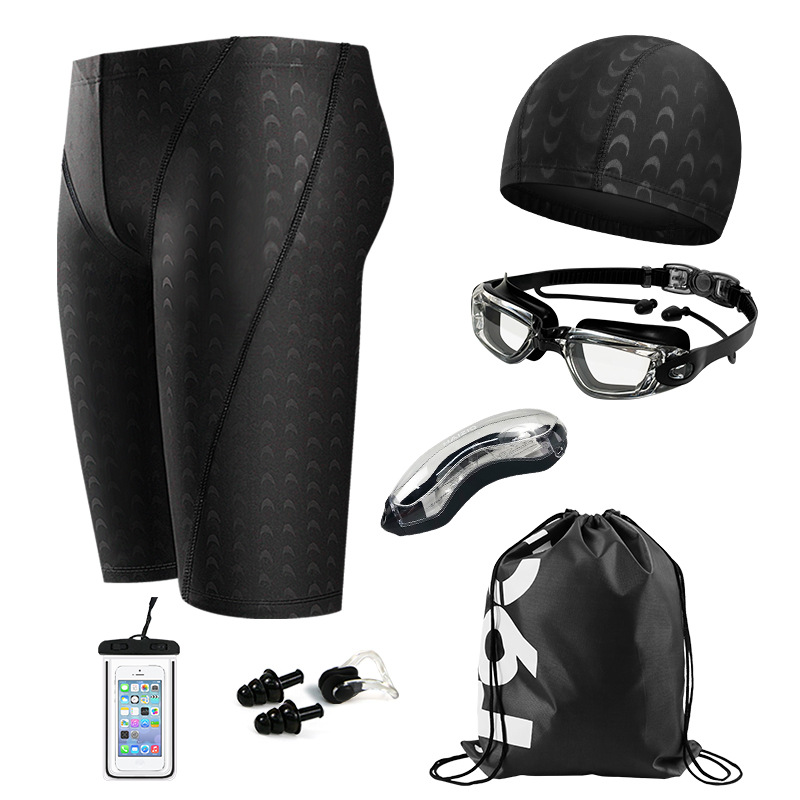 Men's Cross-Border Racing Swim Trunks, Quick-Dry Five-Point Boxer Swim Shorts, Swimming Cap, High-Definition Electroplated Prescription Swimming Goggles Set