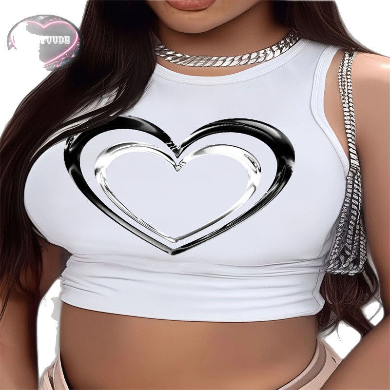 European American Style Cropped Printed Vest Sleeveless round Neck Tank Top for Women New Summer Hot Girl Look Blended Material_ecoleips.com