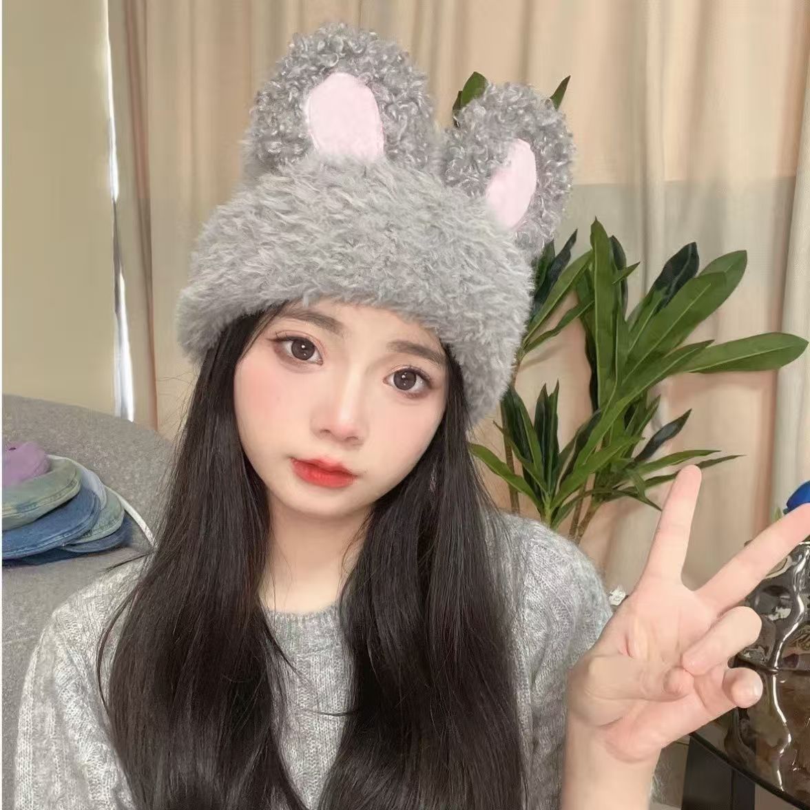 여성 겨울 토끼귀 뽀글이 니트 모자 방한 털모자