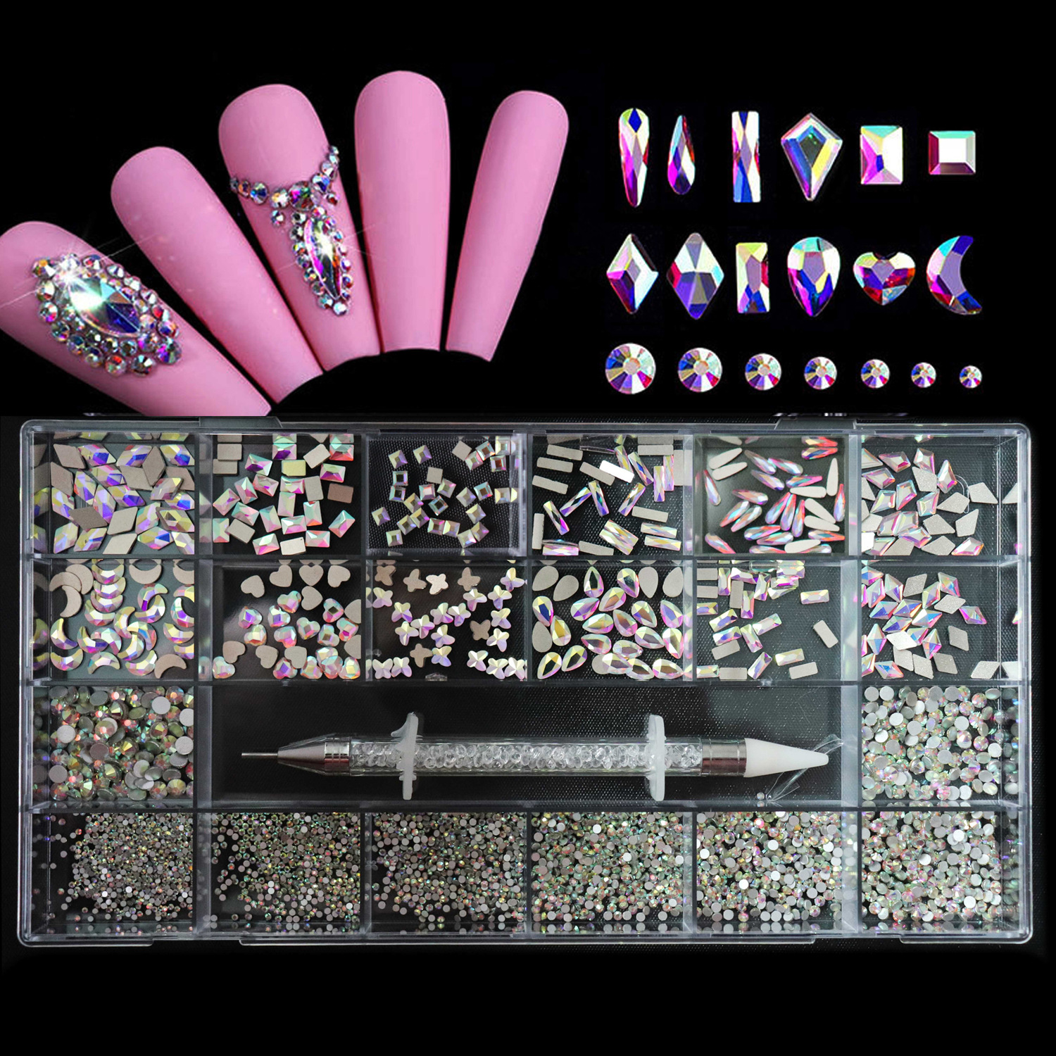 En caja 21 rejilla taladro de uñas de cristal diamante plano en forma de diamante especial DIY uñas de diamantes de imitación traje de joyería de uñas una generación