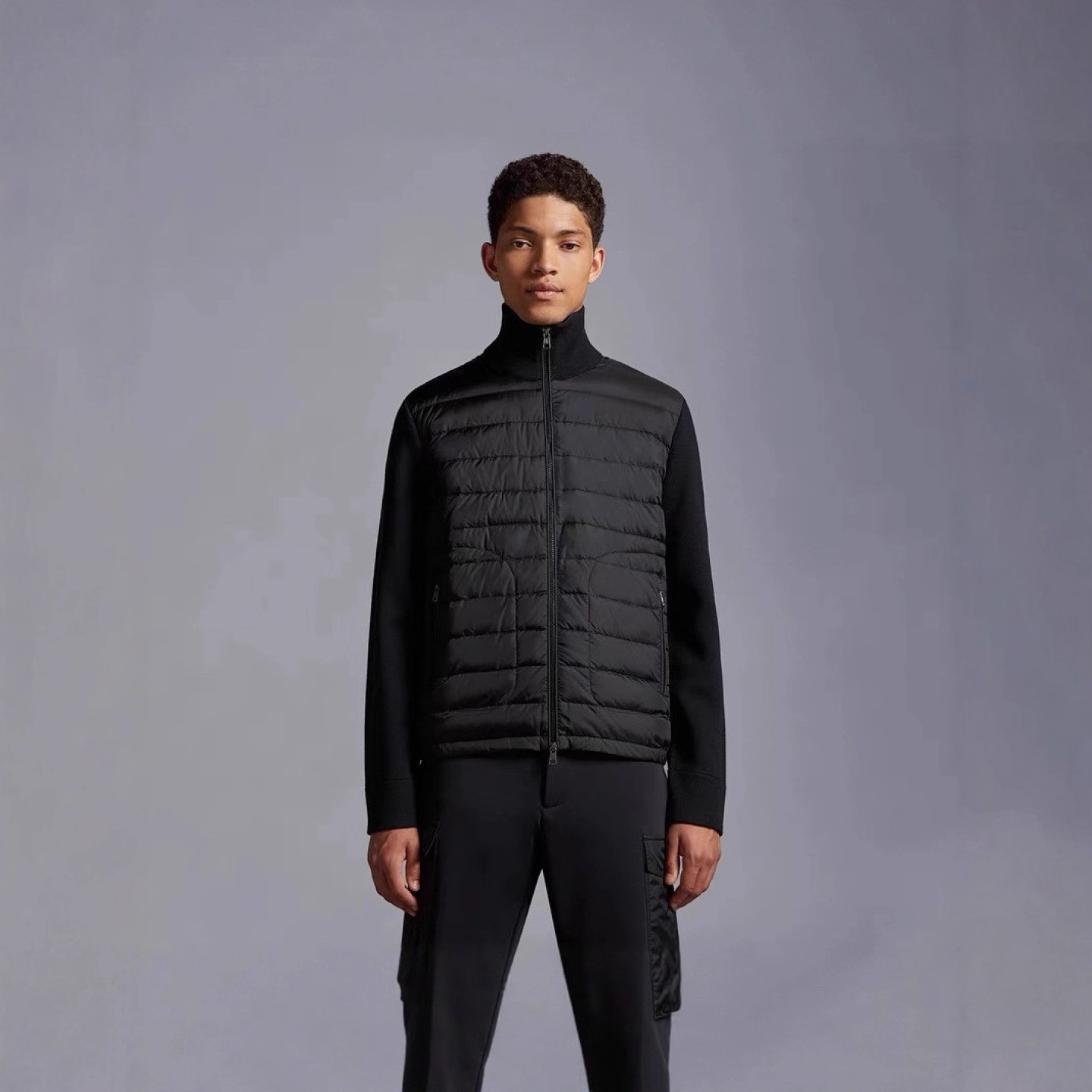 2025蒙口新品大口袋立领针织毛线拼接绗缝袖圈羽绒服男士夹克外套