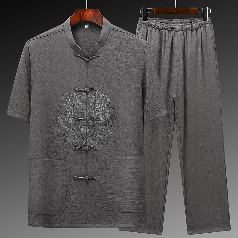 New summer Tang suit for middle-aged and elderly men, loose-fitting casual plus size, traditional Chinese style, father's top set, shirt, grandfather's outfit