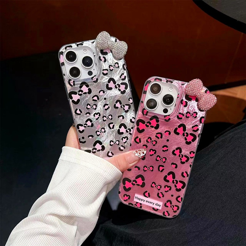 Sparkling Diamond Bow Suitable for Apple 16Promax Mobile Phone Case Leopard Print Couple 13 Stereo 17/15Pro Girl Case