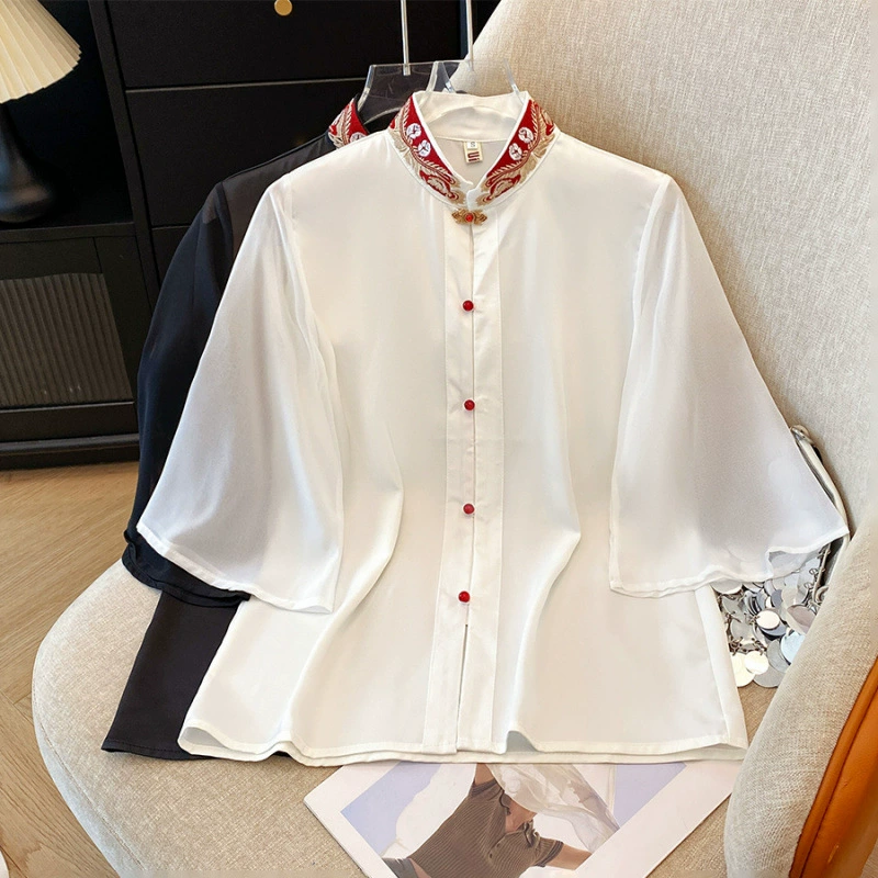 Лето 2025, новый улучшенный ретро-новый китайский стиль, национальный стиль, воротник-стойка, рукава в форме листьев лотоса, универсальный свободный утягивающий топ с вышивкой