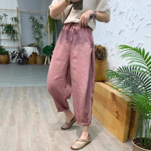 2023春季新款百搭亚麻裤女文艺纯色直筒裤松紧腰显瘦麻料盘扣长裤