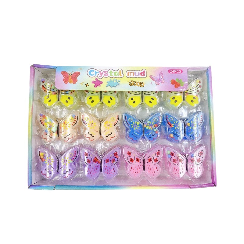 Juguetes infantiles mariposa pegamento espumante de cristal barro slime 24 alta permeabilidad mini descompresión dibujos animados lindos 2 lotes