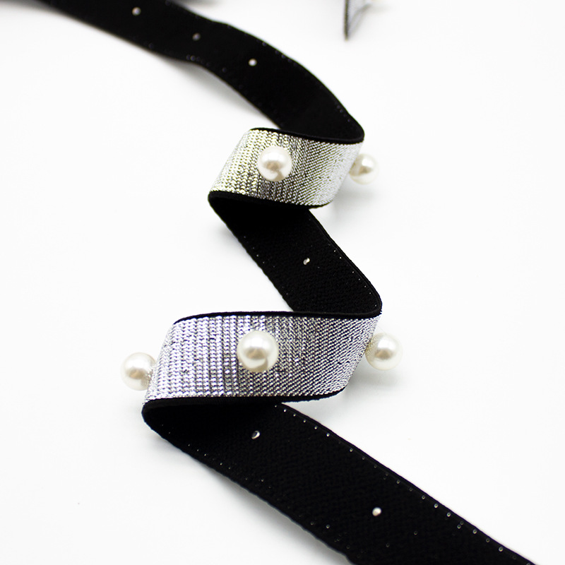 现货2.0公分银丝松紧带钉珠手腕带10厘珍珠高弹发绳银葱弹力带