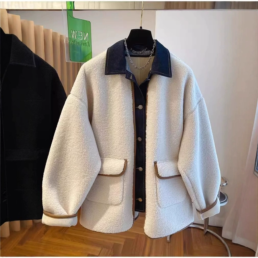 Шерстяное пальто ягненка женская средняя длинная корейская версия плюшевого плюшевого джинсового сшитого пальто оптом A2384
