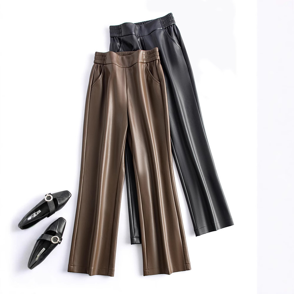 2024 새로운 가죽 바지 여성용 PU 가죽 바지 MAILLARD MID-WAIST 여성용 벨 플라 바지 플러스 사이즈 팔꿈치 가죽 캐주얼 바지